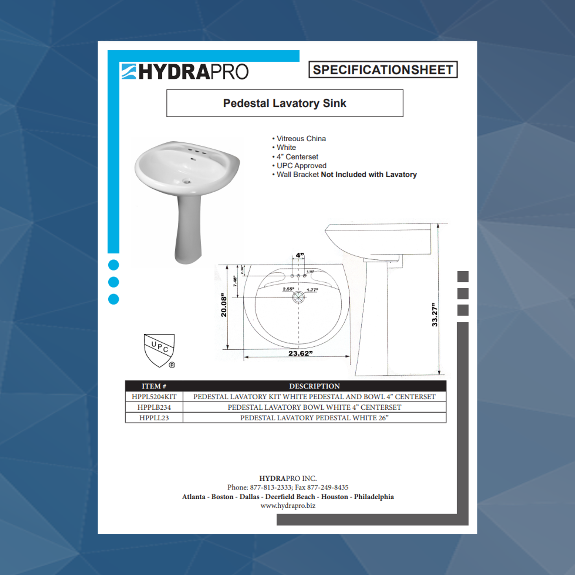 Pedestal Lavatory Sink HydraPro