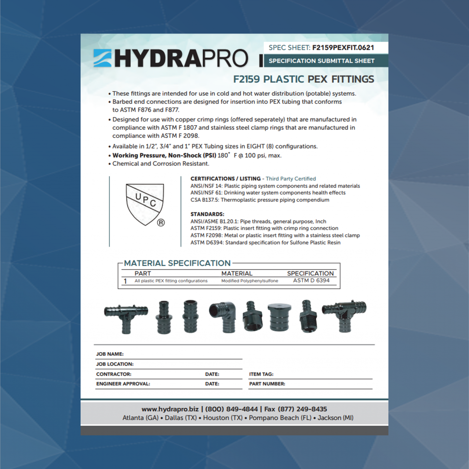 Plastic F2159 Pex Fittings HydraPro
