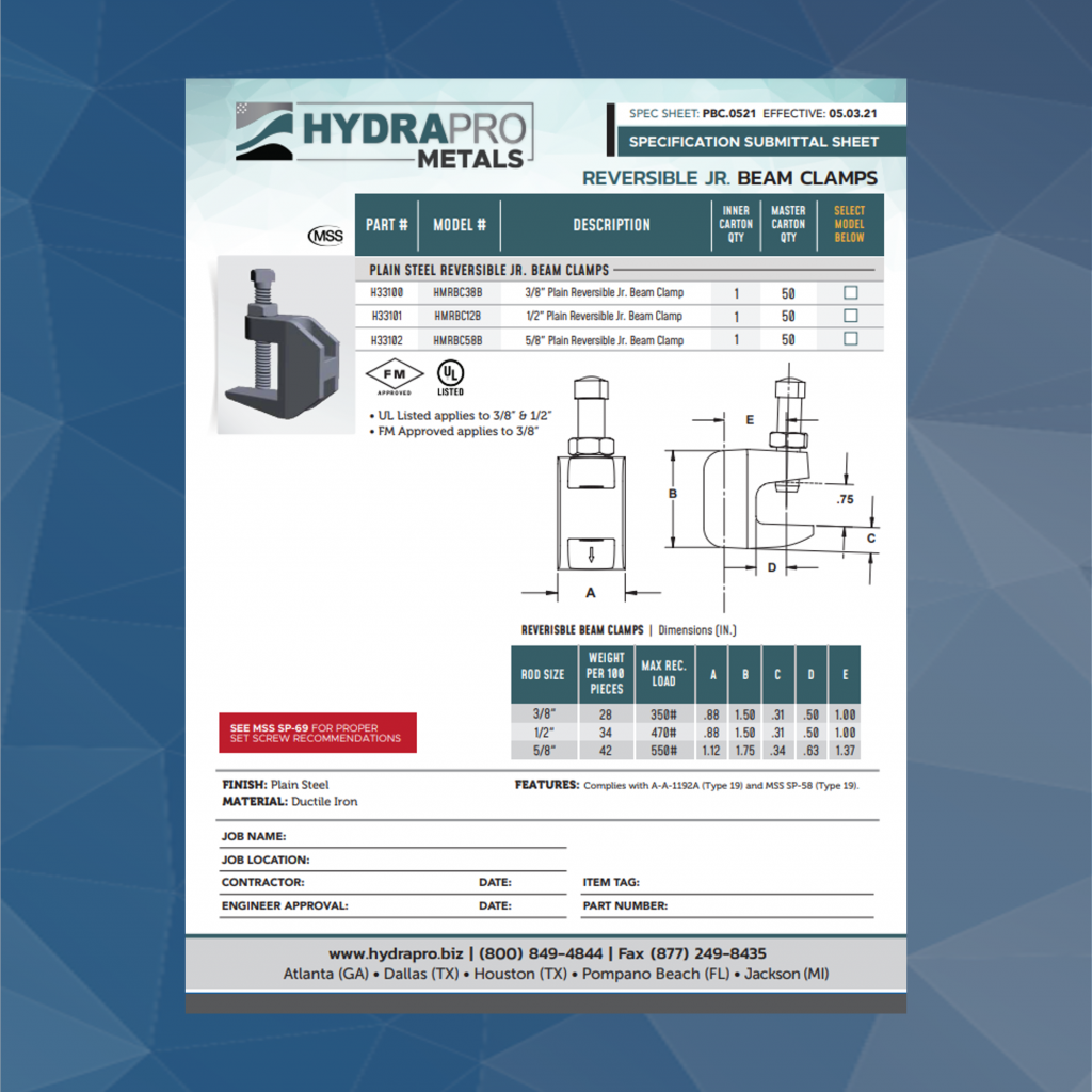 Reversible Jr. Beam Clamps HydraPro