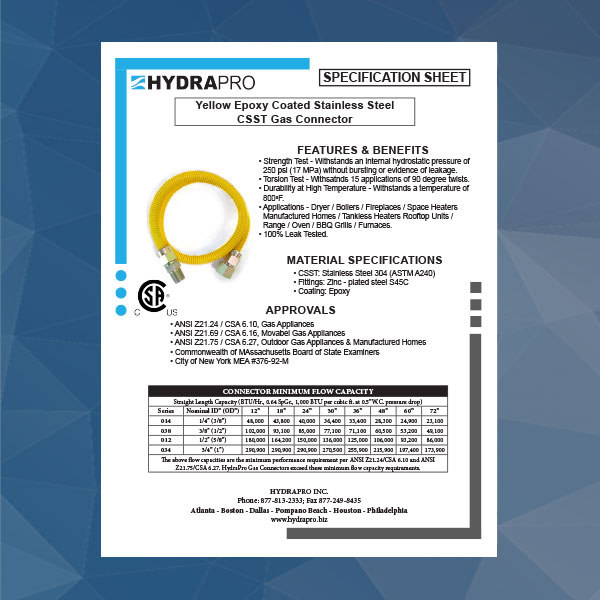 Yellow-Epoxy-Coated-SS-CSST-Gas-Connector-Spec-Sheet